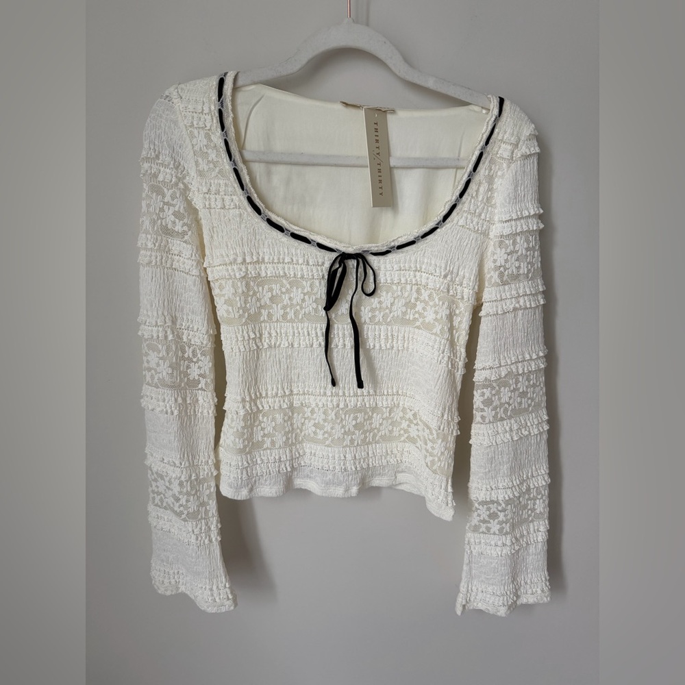 Cream Lace black trim scoop neck Long Sleeve Top